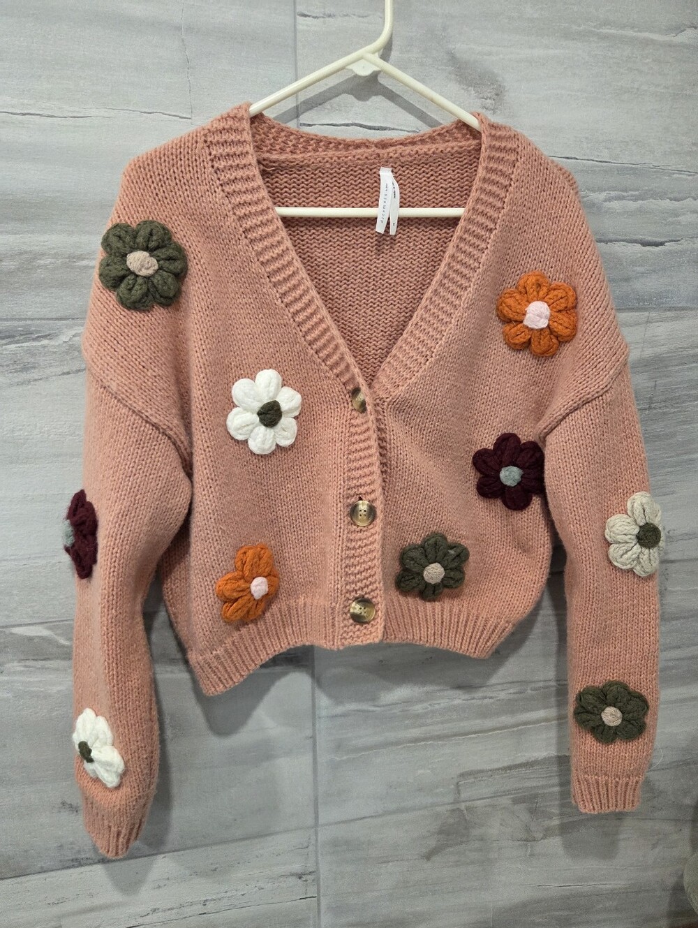 Dreamers by Debut Floral Appliqué Cropped Cardigan Pink Women's Small